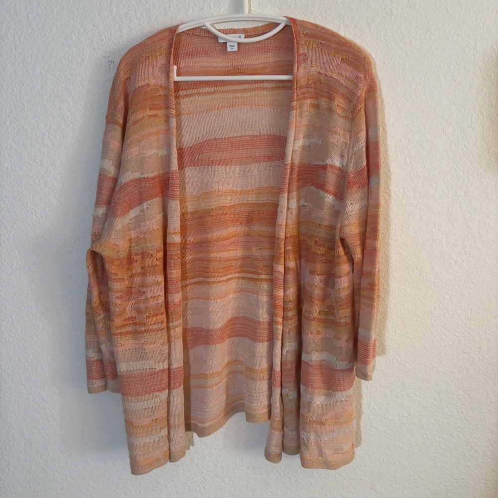 J. Jill Open Front Cardigan Women XL Orange Pink Striped Cotton Linen